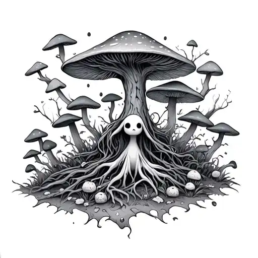 kodama tree spirit in mushroom forest tattoo design idea
