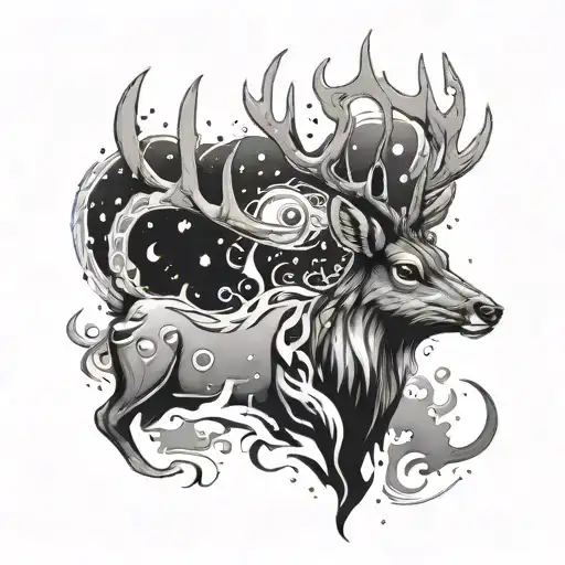 a deer with galaxy antlers intertwined with flames tattoo design idea