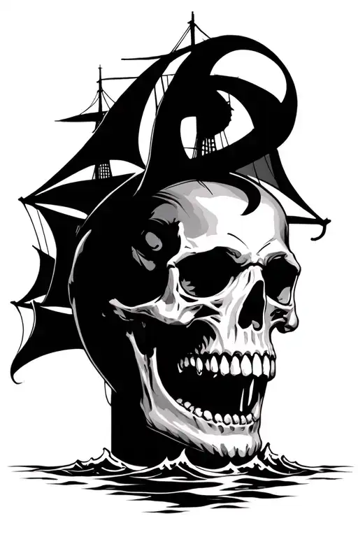 realalistic ship skull kraken tattoo design idea