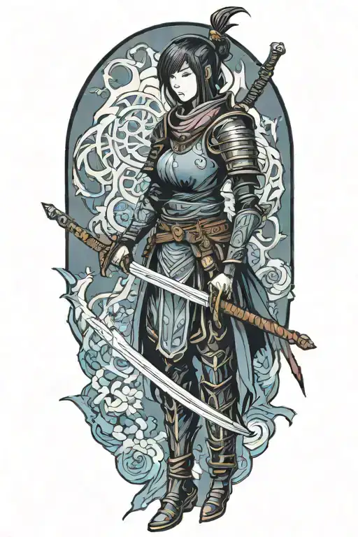 Dark Souls inspired female samurai with mystical aura and intricate sword designs tattoo design idea