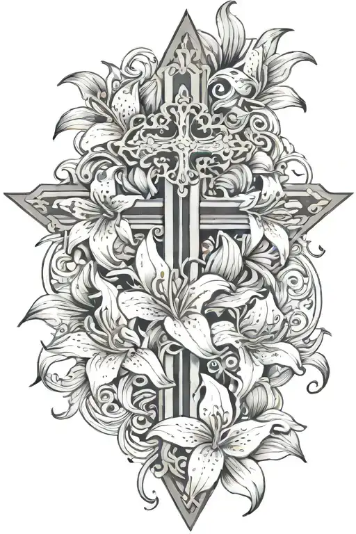 cross centered in lilies, at the bottom half the lilies are still blossuming, at the middle the lilies are at full bloom tattoo design idea