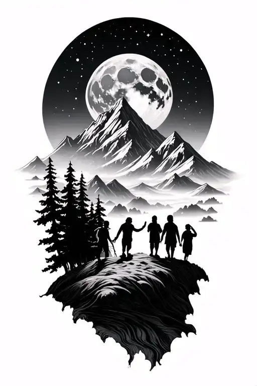 mountain landscape and father and three children and giant moon tattoo design idea