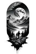 mountain landscape and father and three children and giant moon tattoo design idea
