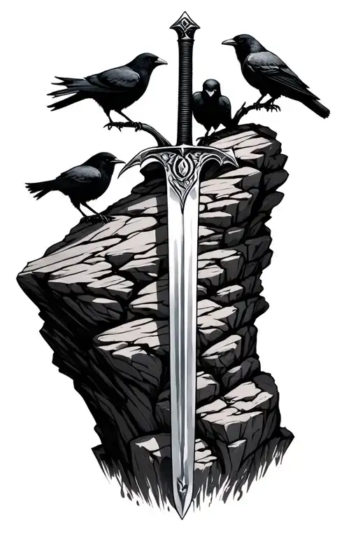 long sword stuck in rock with crows perched tattoo design idea