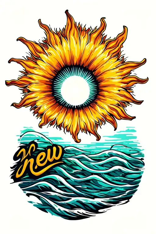 picture of a gorgeous summer sun with the word "new" written small in the left corner.  tattoo design idea