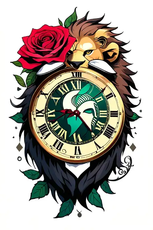 lion , rose , spartan , clock tattoo design idea