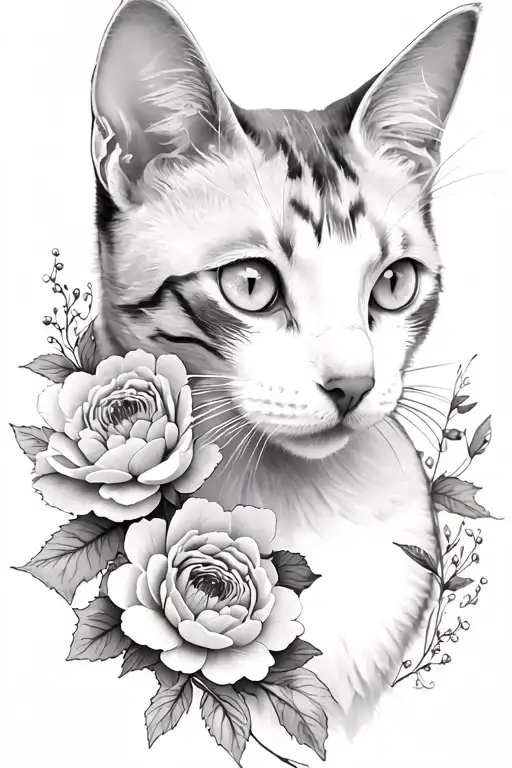 black cat, flower embellishments,, delicate, realistic portrait, clear head and face, peony  tattoo design idea
