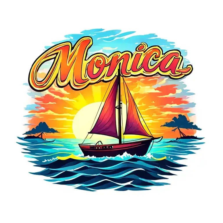 "Monica" Single sail boat with sunset back ground, bright vibrant colors for ocean and sky tattoo design idea