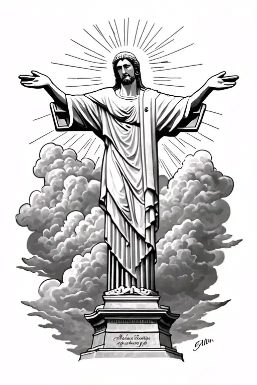 forearm tattoo of christ the redeemer statue from brazil with clouds behind it and light shining through the clouds  tattoo design idea