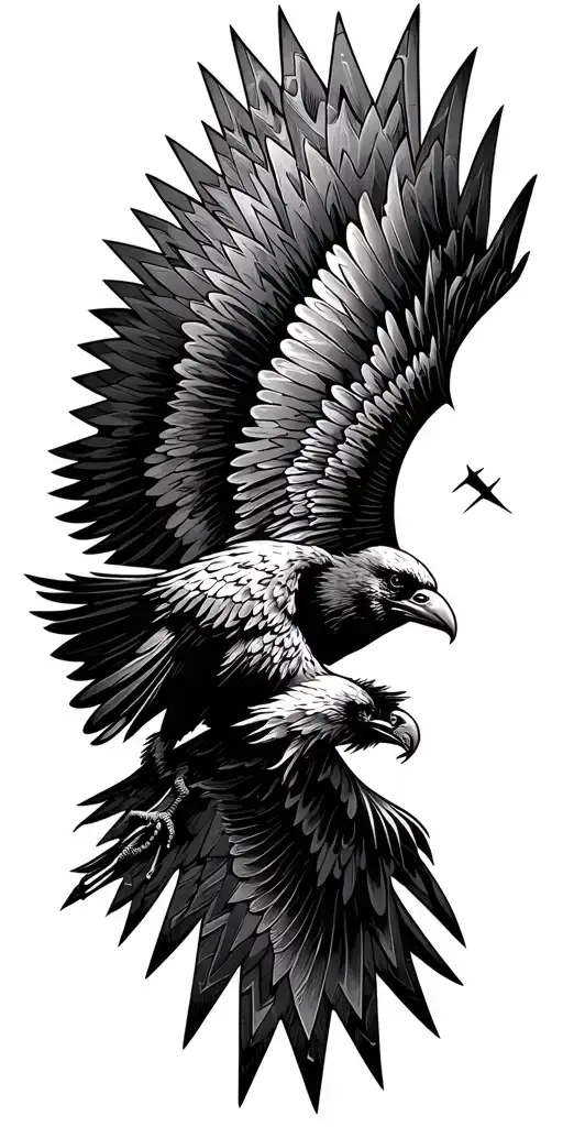 hieroglyphic crow flying towards the sun tattoo design idea