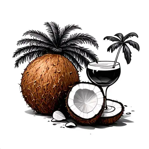 coconut , palm tree, cocktail all separate but next to each other tattoo design idea