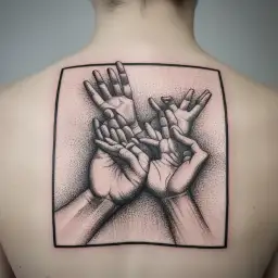 A surreal composition of hands reaching towards the sky, each finger adorned with a different flower representing the bond between family and nature tattoo design idea