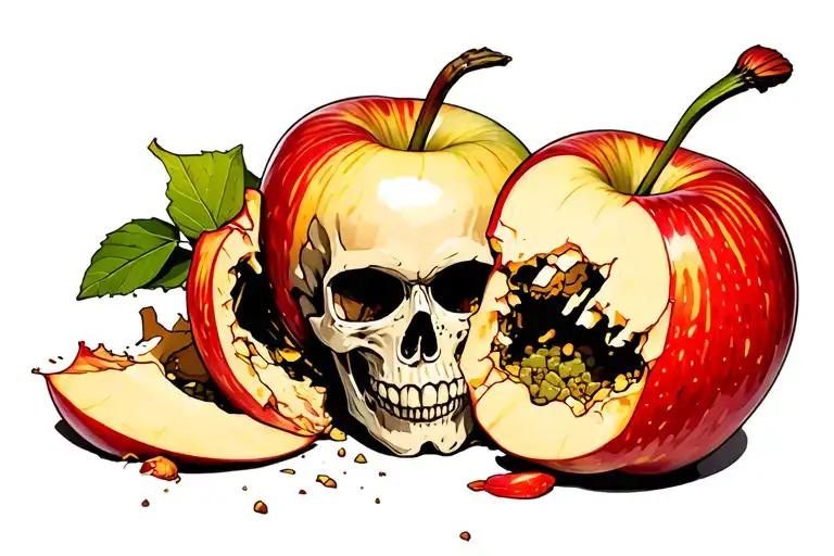 rotten apple with bites taken out of it and the core is a skull tattoo design idea
