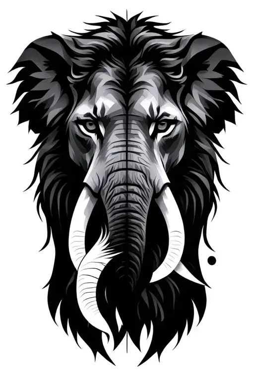 black geometric background, half elephant head and half lion head side by side tattoo design idea