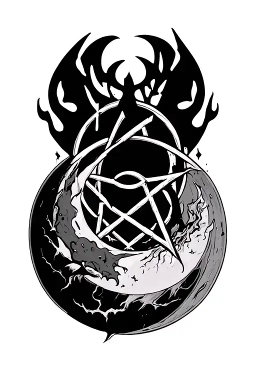 dark gothic pentagram and moon in the style of a deathcore band name logo tattoo design idea