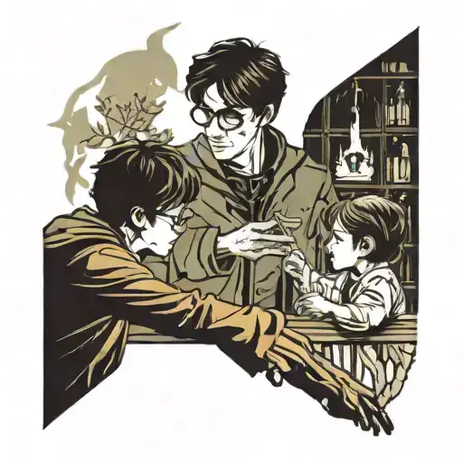 A silhouette of Harry Potter casting a healing spell on a patient, with Arya watching in awe tattoo design idea