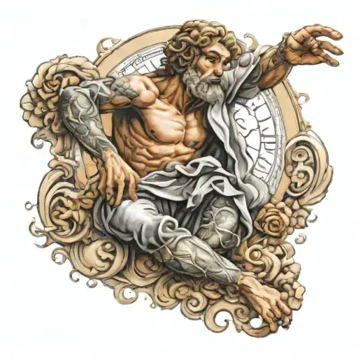 A full sleeve tattoo with art from the renaissance time with work done by Michelangelo the painter tattoo design idea