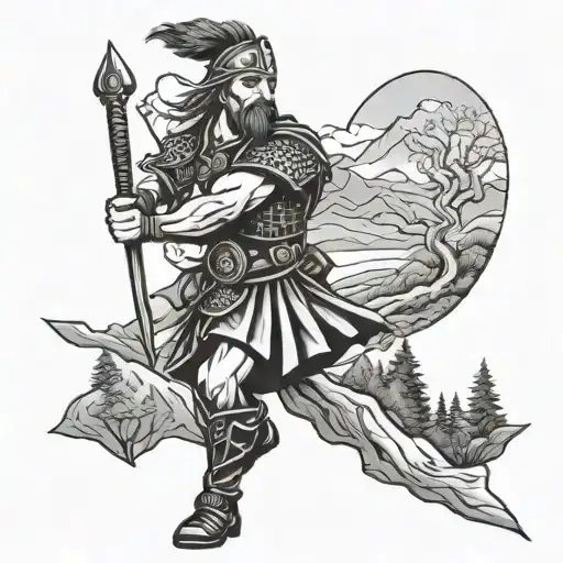 Scottish warrior surrounded by hills trees tattoo design idea
