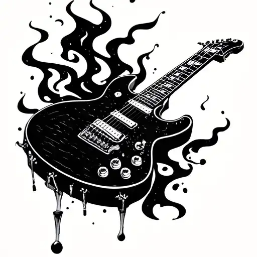 A rock guitar burning like a cigarette burning black tattoo design idea