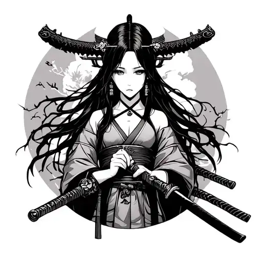 god of death katana anime girl, Sakura old Japanese building tattoo design idea