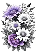 floral arrangement with violet, daisy, hawthorn, aster and peony tattoo design idea