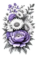 floral arrangement with violet, daisy, hawthorn, aster and peony tattoo design idea