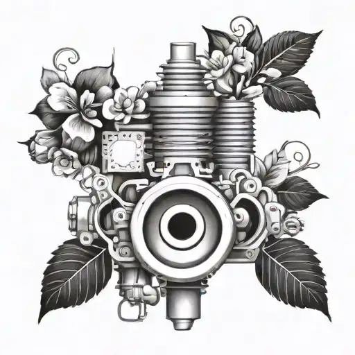 A tattoo design featuring a V8 engine intertwined with blooming flowers and vines, symbolizing the balance between power and beauty tattoo design idea