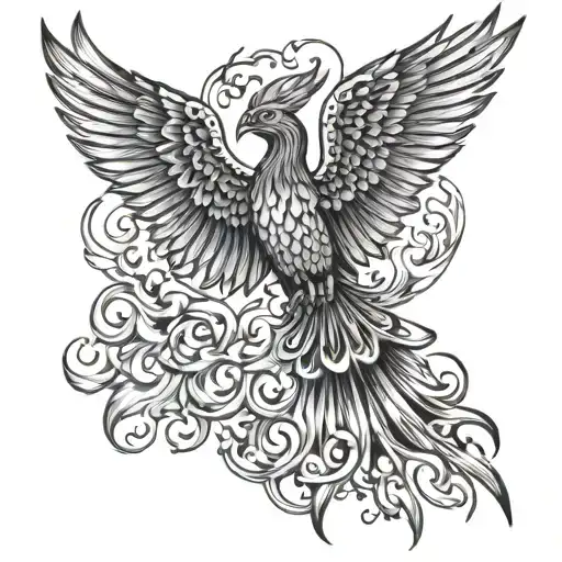 phoenix with open wings souranded by flames tattoo design idea