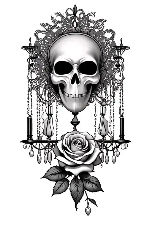 Based on the chandelier of the phantom of the opera, create a tattoo with such details and a rose with a lace  tattoo design idea