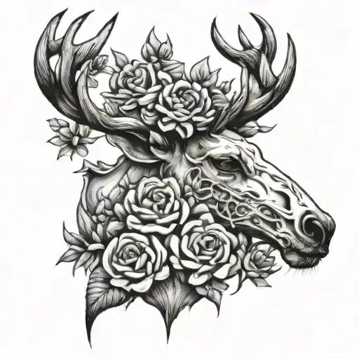 stag skull flowers coming off one of eyes  tattoo design idea