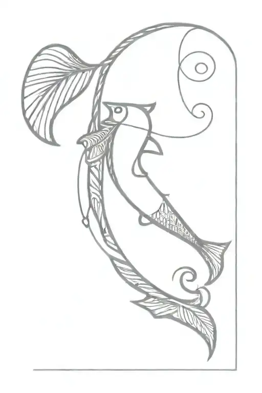 a hook with a fish hanging from it with a simple feather en vertical tattoo design idea