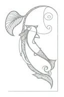 a hook with a fish hanging from it with a simple feather en vertical tattoo design idea