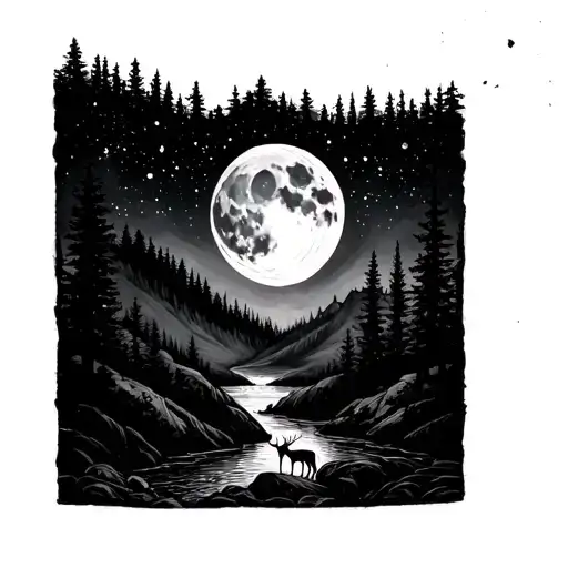 Pleiades, hunter's moon, Deer on Appalachian Mountains, River, evergreen forest tattoo design idea