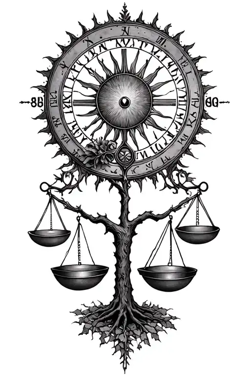 gothic tree of life, libra scale, old sun dial symbolizing the wanderer's tattoo design idea