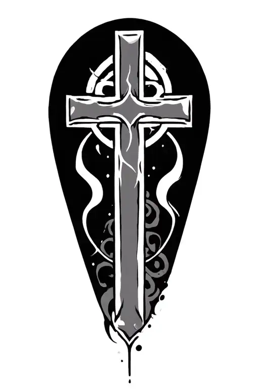 Japanese protection symbol on left calf tattoo with cross tattoo design idea