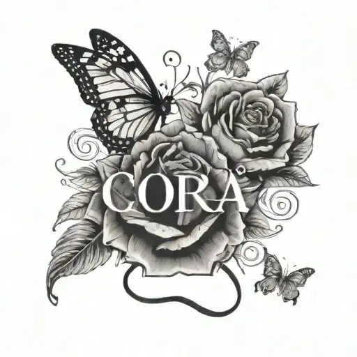 the name "Cora" but replace the letter "O" with a rose and butterflies surrounding  tattoo design idea