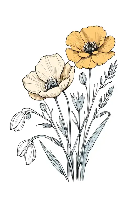 bouquet of California poppy, Texas bluebonnet, snow drop, violet, narcissus tattoo design idea