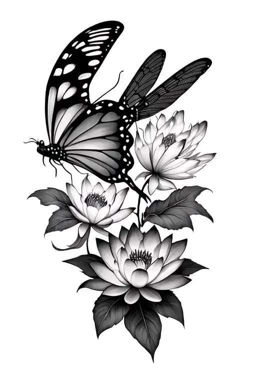 manly butterfly dragonfly and lotus flowers  tattoo design idea
