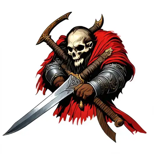 Viking warrior with skull as head wielding a sword tattoo design idea