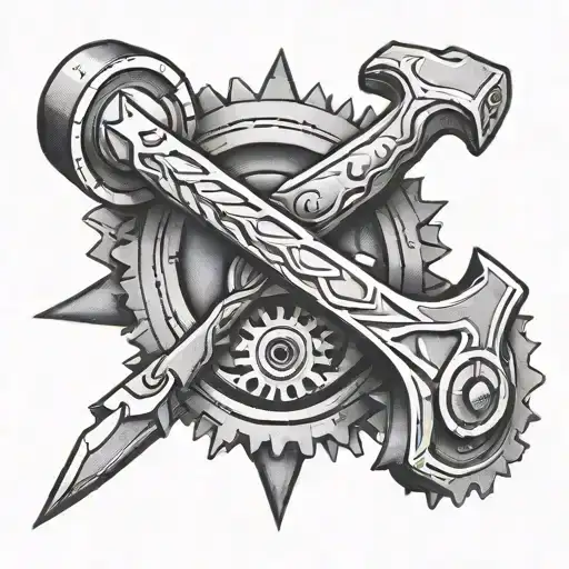 half a gear with an anvil and a hammer  tattoo design idea