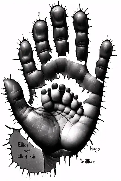 hand and foot print of newborn baby. Ripped Skin | LAYERED TORN SKIN | Name "Elliot Hugo William" tattoo design idea