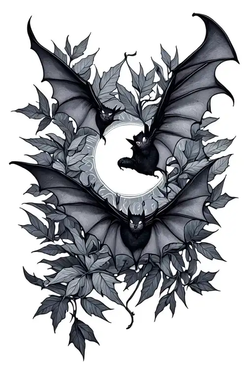 spiritual leaves and bats flying tattoo design idea