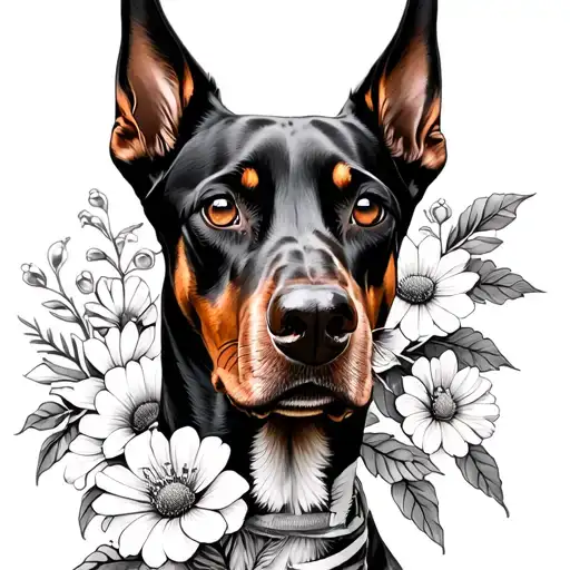 Doberman with flowers instead of eyelashes tattoo design idea