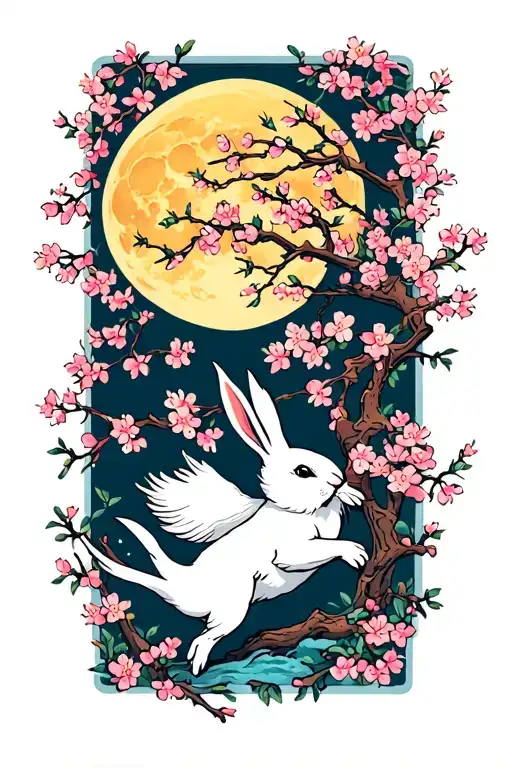 a white hare leaping with cherry blossoms around it and a yellow full moon behind its head tattoo design idea