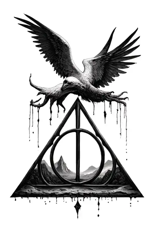deathly hallows from Harry Potter Dali style landscape inside tattoo design idea