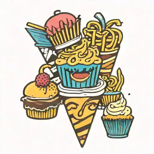 snacks words and a cupcake and fries tattoo design idea