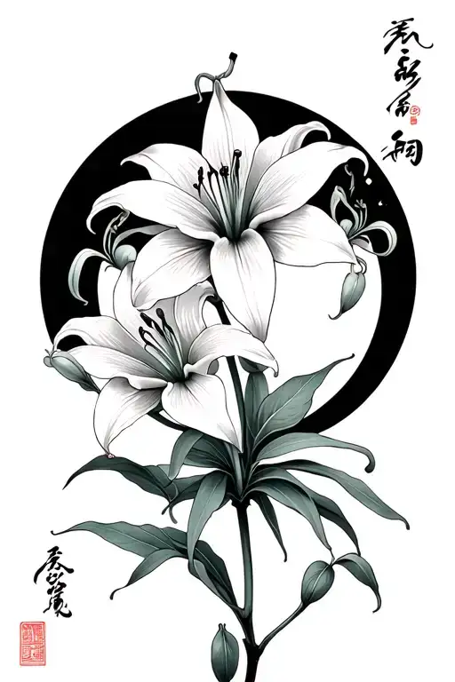 Two spider lillies with Aikra (cursive script) incorporated within the stem and a quarter moon in the background tattoo design idea