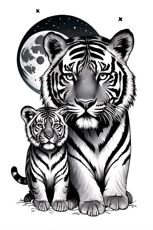 tiger, two cubs, moon, two clocks tattoo design idea