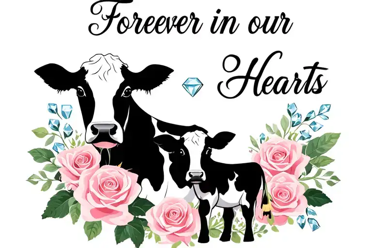 "Forever in our Hearts " "Forever in our Hearts " Roses, diamonds,cow, and baby cow  tattoo design idea