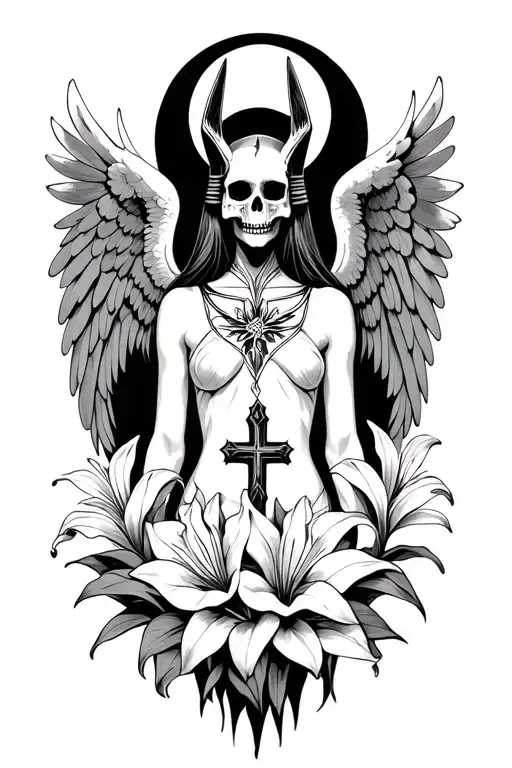 skull woman Anubis with angel wings, lilies, moon and medievil cross tattoo design idea